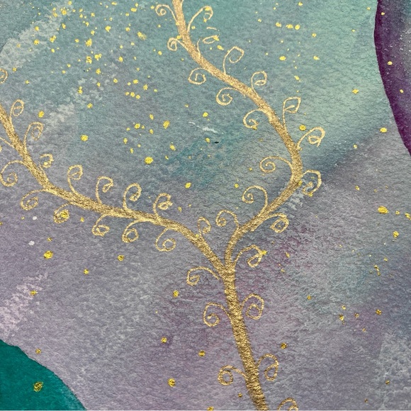 Abstract Original Watercolor Gold Leaf Floral Green & Purple Painting, 9x12 - Picture 8 of 13